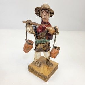 Vintage Handmade Mexican Folk Art Paper Mache Figurine Old Man With Water Jugs